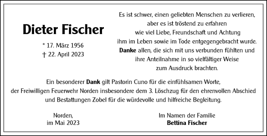 Traueranzeige von Dieter Fischer 