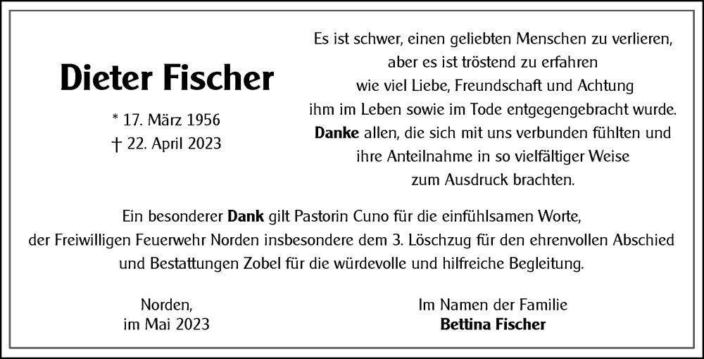  Traueranzeige für Dieter Fischer vom 27.05.2023 aus 