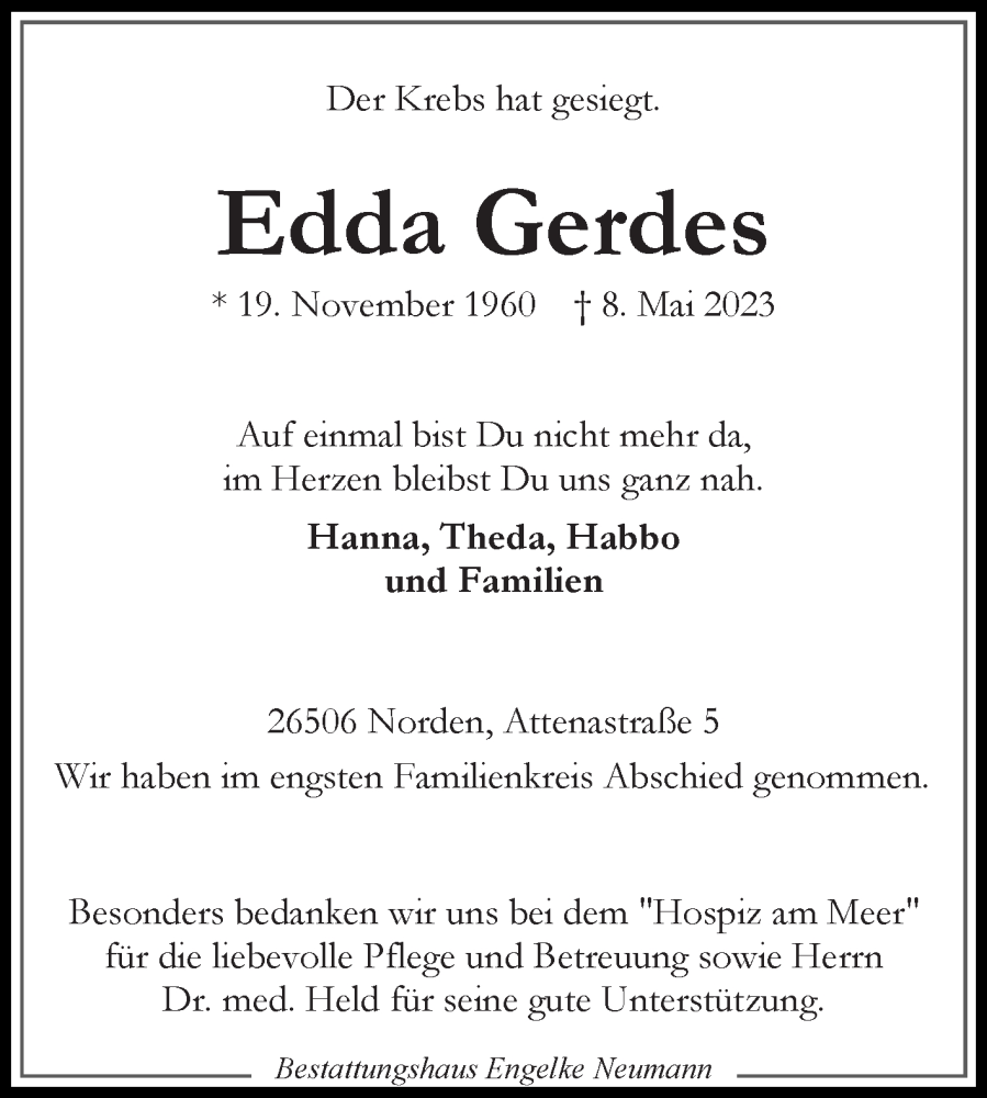  Traueranzeige für Edda Gerdes vom 30.05.2023 aus 