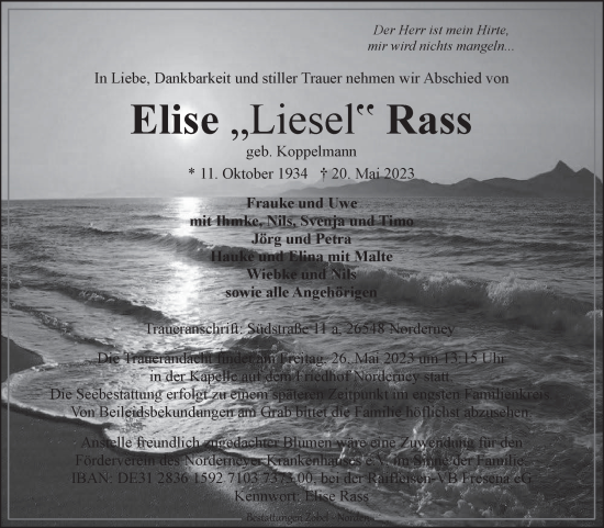 Traueranzeige von Elise Rass 