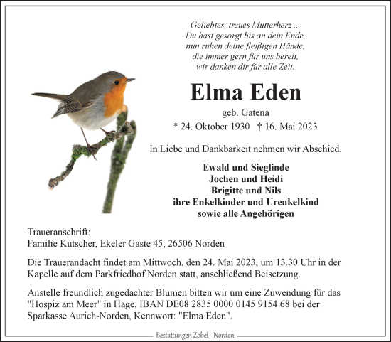 Traueranzeige von Elma Eden 