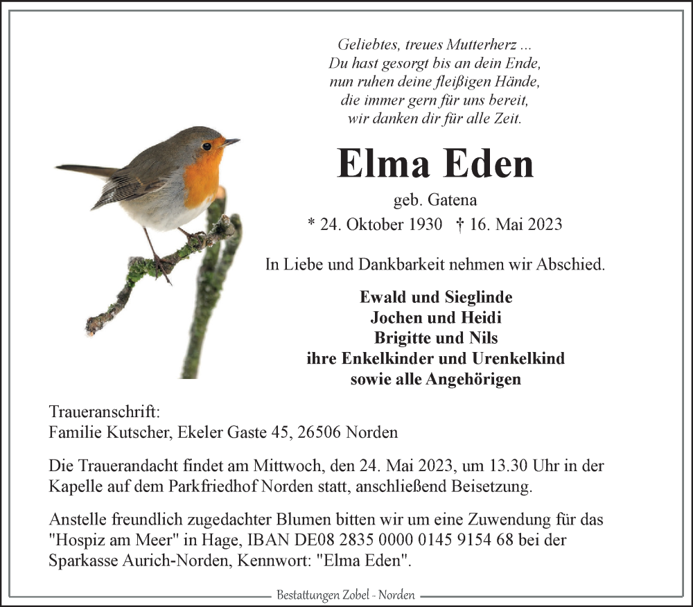  Traueranzeige für Elma Eden vom 20.05.2023 aus 