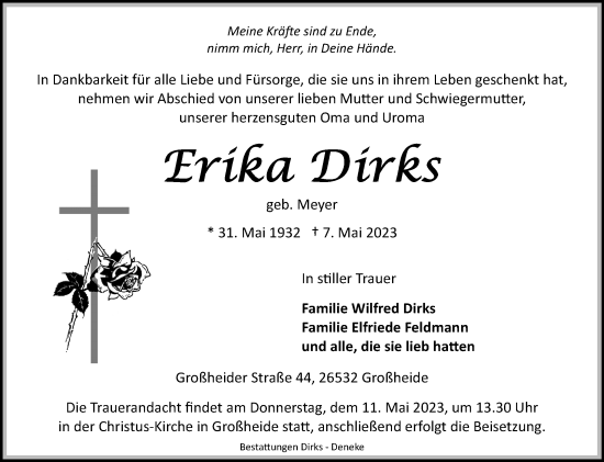 Traueranzeige von Erika Dirks 