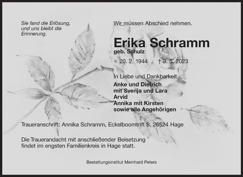  Traueranzeige für Erika Schramm vom 06.05.2023 aus 