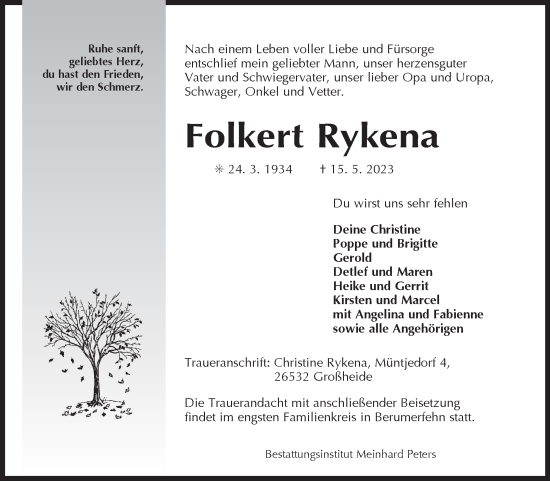 Traueranzeige von Folkert Rykena 