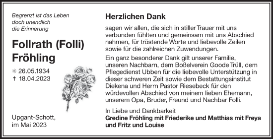 Traueranzeige von Follrath Fröhling 