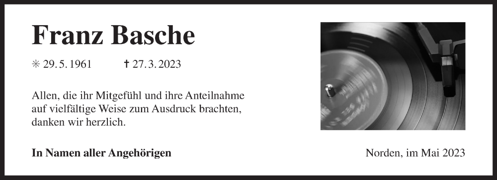  Traueranzeige für Franz Basche vom 06.05.2023 aus 