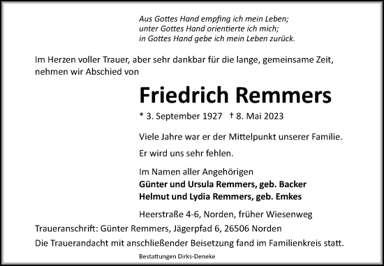 Traueranzeige von Friedrich Remmers 
