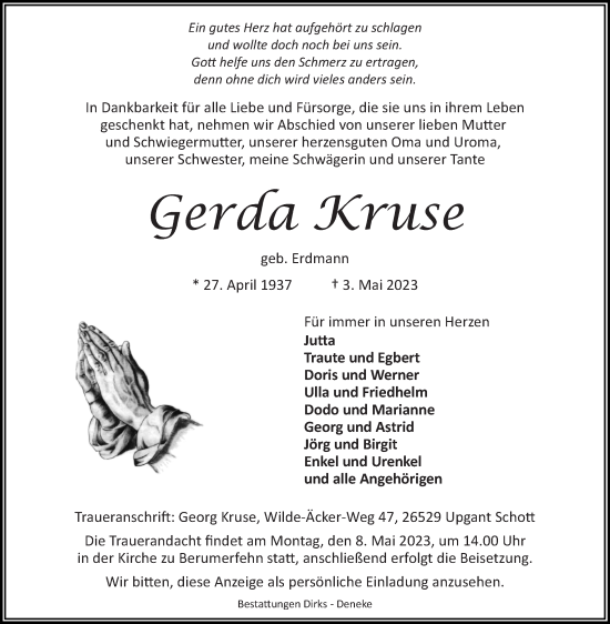 Traueranzeige von Gerda Kruse 