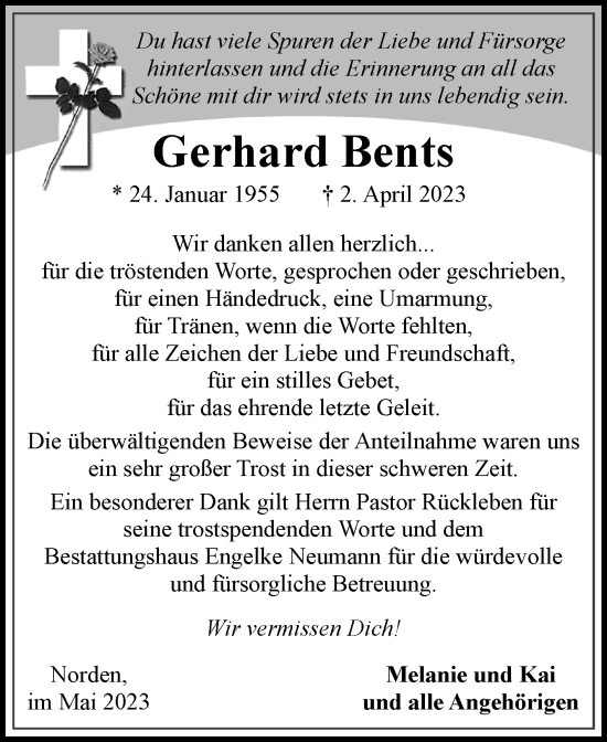 Traueranzeige von Gerhard Bents 