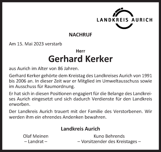 Traueranzeige von Gerhard Kerker 