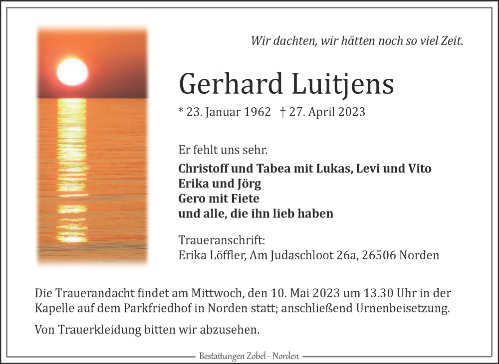  Traueranzeige für Gerhard Luitjens vom 06.05.2023 aus 