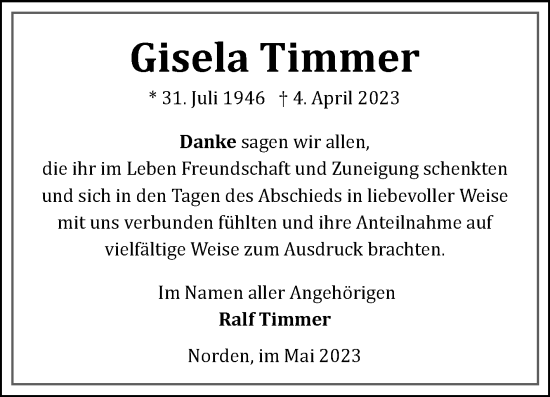 Traueranzeige von Gisela Timmer 