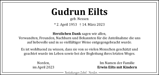 Traueranzeige von Gudrun Eilts 