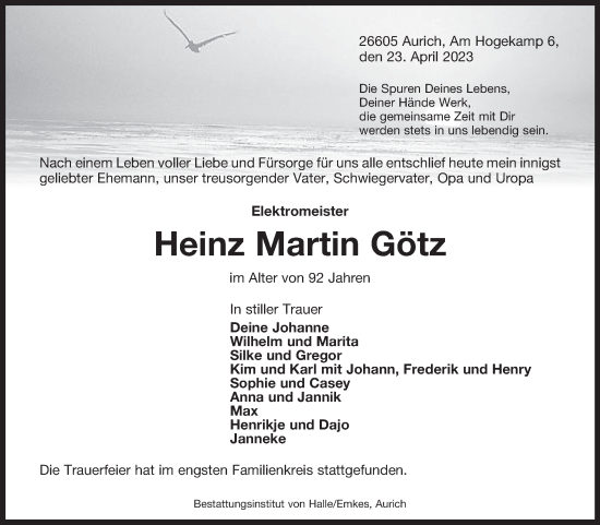 Traueranzeige von Heinz Martin Götz 