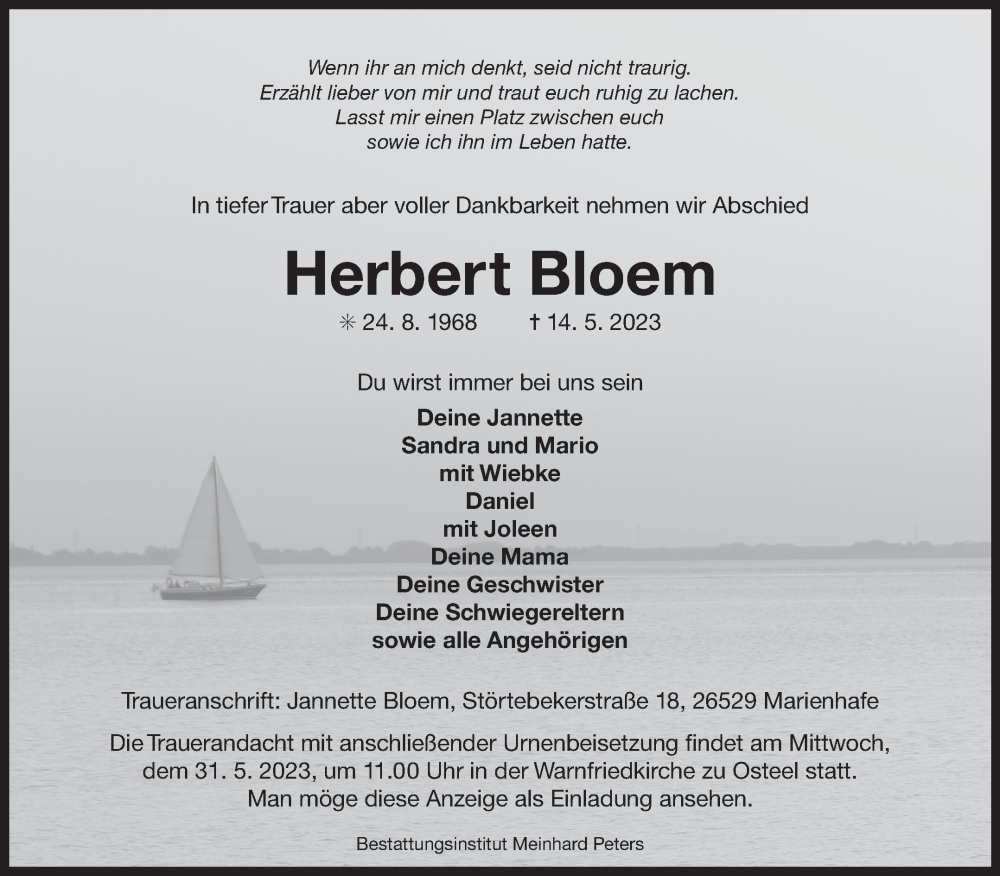  Traueranzeige für Herbert Bloem vom 27.05.2023 aus 