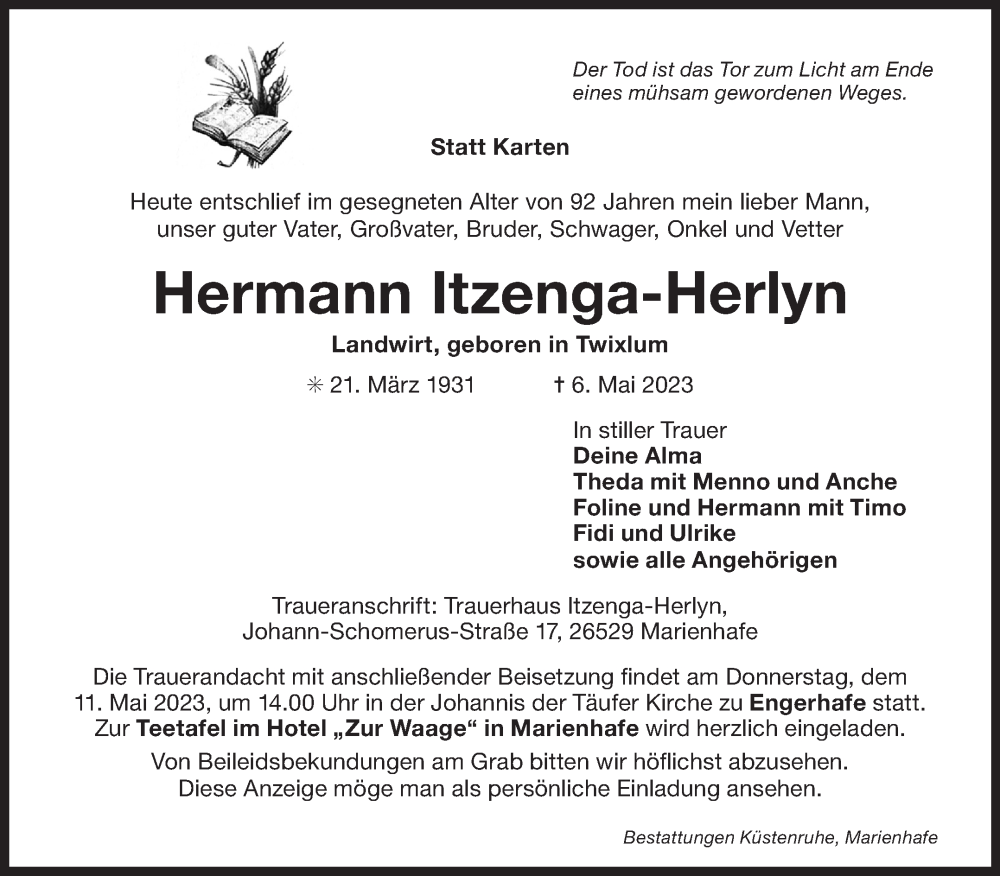  Traueranzeige für Hermann Itzenga-Herlyn vom 09.05.2023 aus 