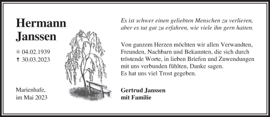 Traueranzeige von Hermann Janssen 