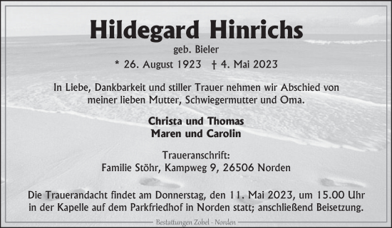 Traueranzeige von Hildegard Hinrichs 