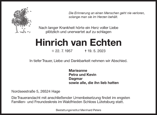 Traueranzeige von Hinrich van Echten 