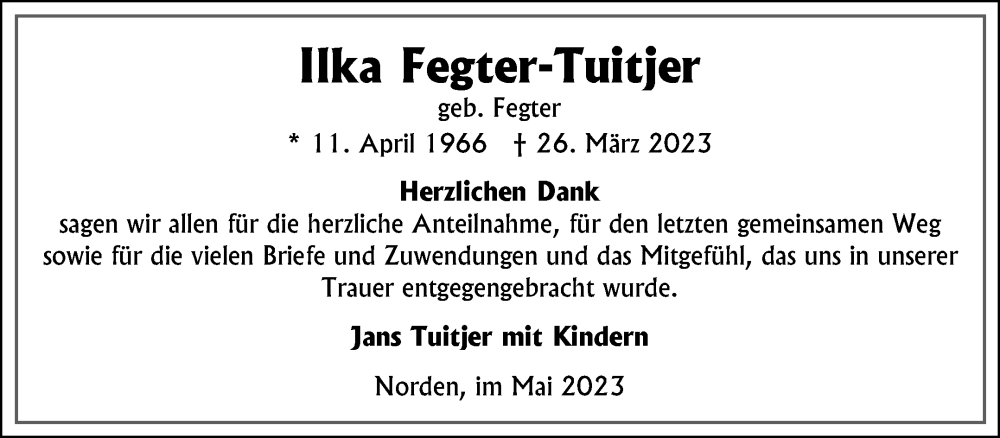  Traueranzeige für Ilka Fegter-Tuitjer vom 27.05.2023 aus 