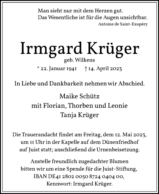 Traueranzeige von Irmgard Krüger 