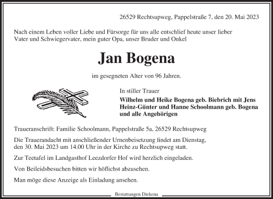Traueranzeige von Jan Bogena 