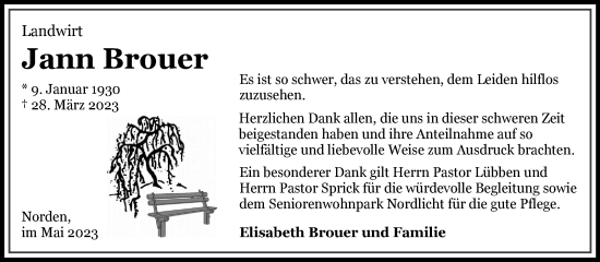 Traueranzeige von Jann Brouer 