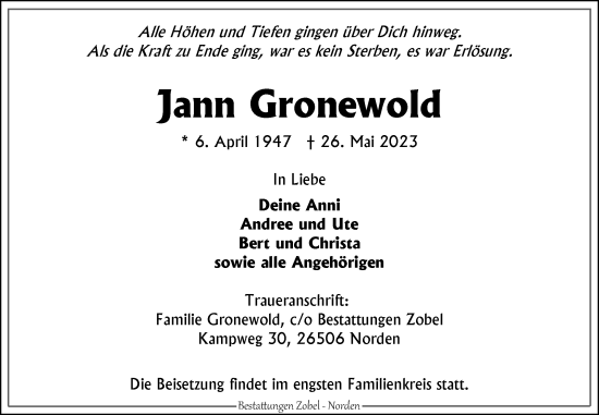 Traueranzeige von Jann Gronewold 