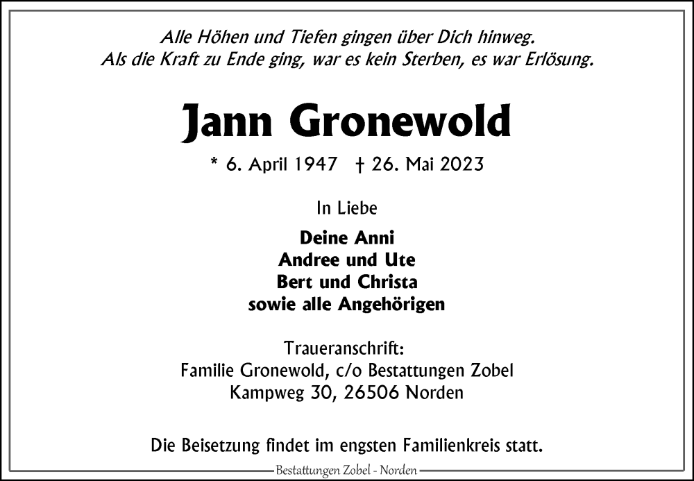  Traueranzeige für Jann Gronewold vom 31.05.2023 aus 
