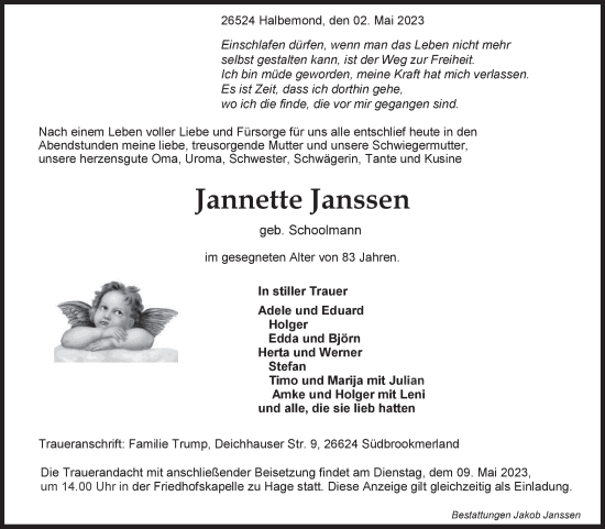 Traueranzeige von Jannette Janssen 