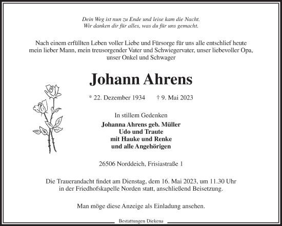 Traueranzeige von Johann Ahrens 
