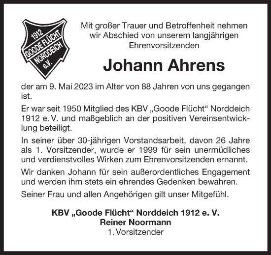 Traueranzeige von Johann Ahrens 