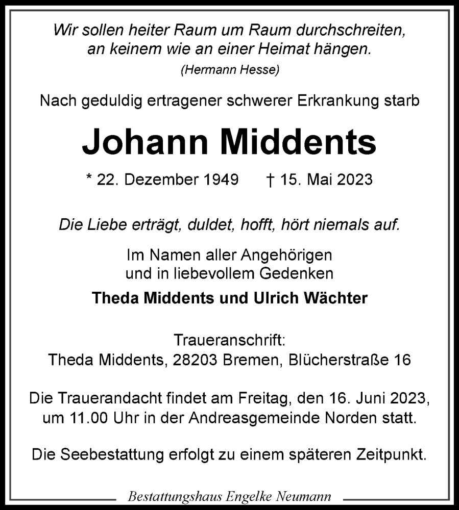  Traueranzeige für Johann Middents vom 20.05.2023 aus 