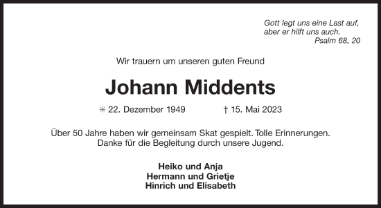 Traueranzeige von Johann Middents 