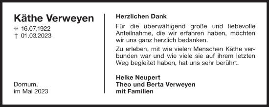 Traueranzeige von Käthe Verweyen 