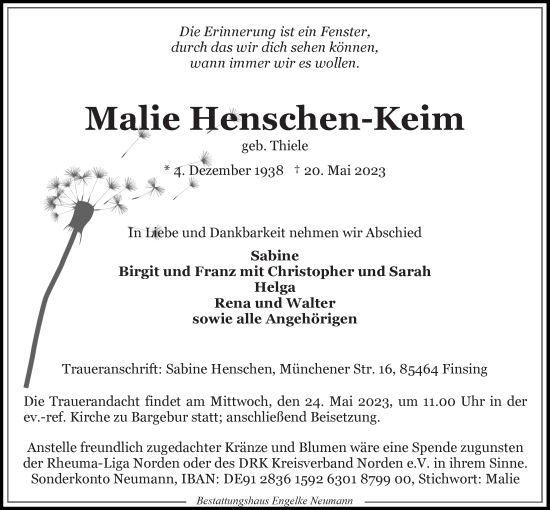 Traueranzeige von Malie Henschen-Keim 