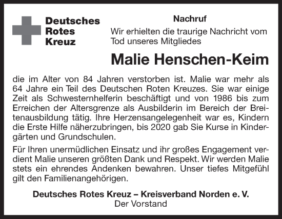 Traueranzeige von Malie Henschen-Keim 