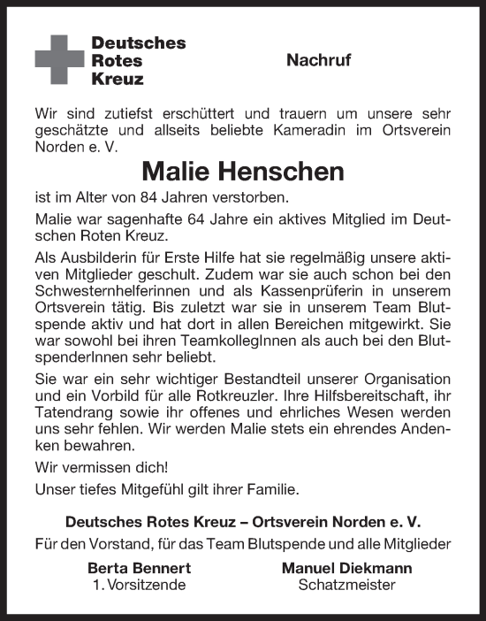 Traueranzeige von Malie Henschen 