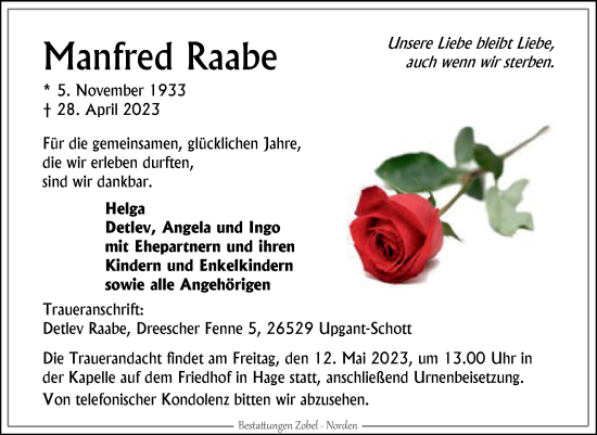 Traueranzeige von Manfred Raabe 