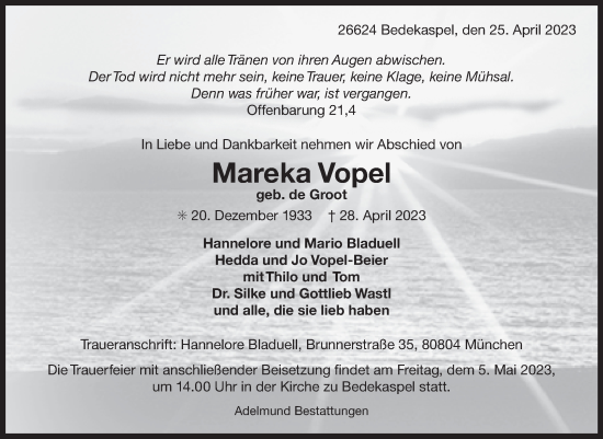 Traueranzeige von Mareka Vopel 