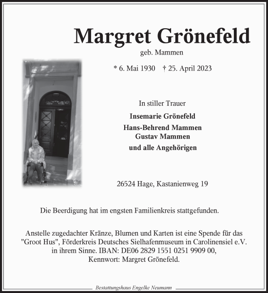 Traueranzeige von Margret Grönefeld 