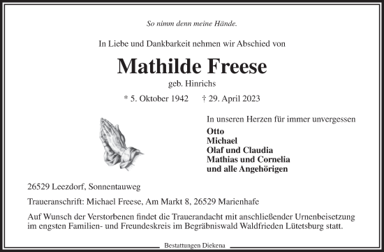 Traueranzeige von Mathilde Freese 