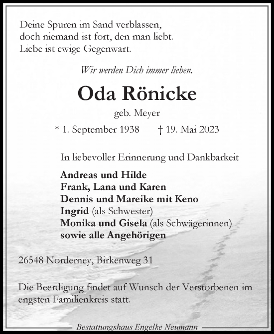 Traueranzeige von Oda Rönicke 