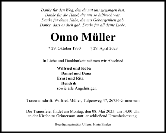 Traueranzeige von Onno Müller 