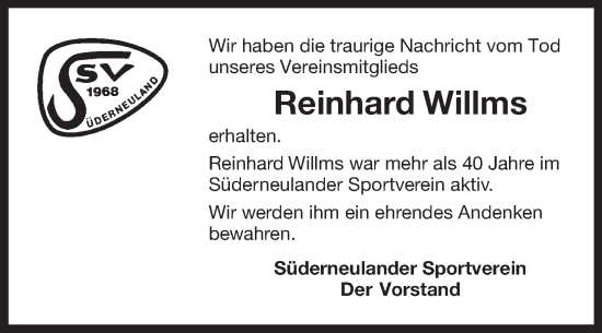 Traueranzeige von Reinhard Willms 