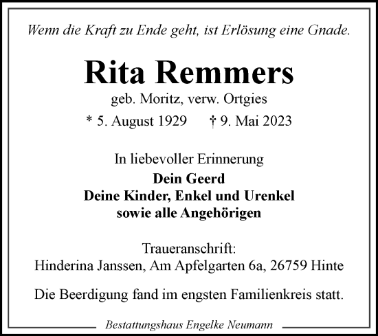 Traueranzeige von Rita Remmers 