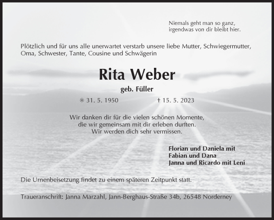 Traueranzeige von Rita Weber 
