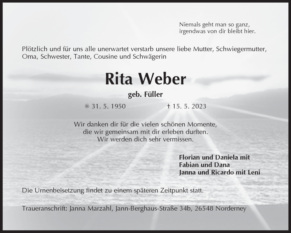  Traueranzeige für Rita Weber vom 17.05.2023 aus 