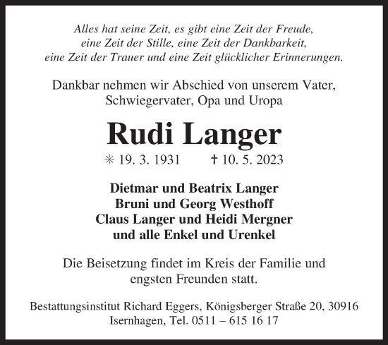 Traueranzeige von Rudi Langer 